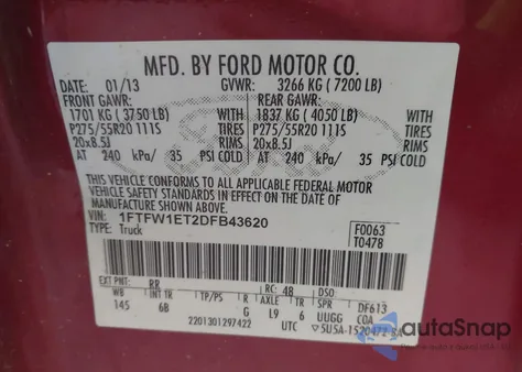 2013 Ford F-150 Fx4 из США, поврежденный, VIN 1FTFW1ET2DFB43620